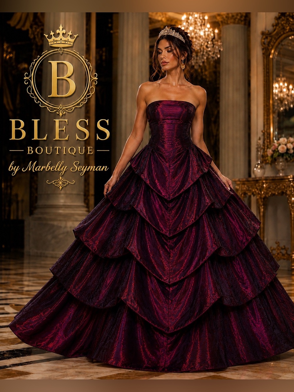 Bill Levkoff Size 8 Burgundy Strapless Formal Ball Gown Tiered Evening Dress